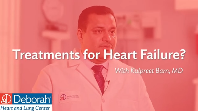 red graphic that reads Treatments for Heart Failure? with Kulpreet Barn, MD. The graphic is transparent and overlays an image of the physician, a male with dark hear wearing a lab coat and dark neck tie