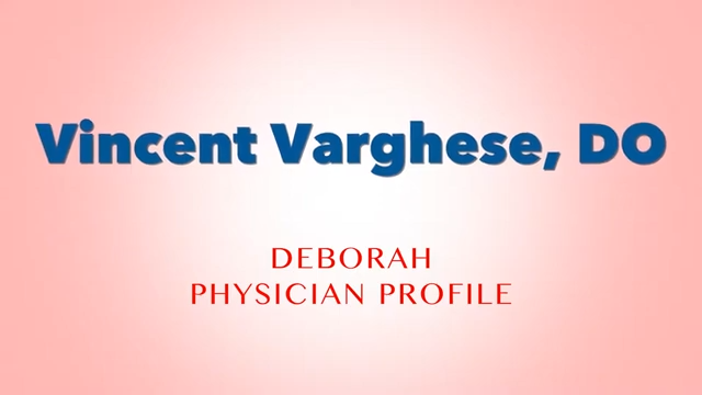 red and blue graphic that reads Vincent Varghese, DO Deborah Physician Profile