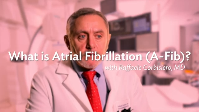red graphic that reads What is Atrial Fibrilliation (A-Fib)? with Raffaele Corbisiero, MD. The graphic is transparent and overlays a photo of the physician, a male with grey hair wearing a lab coat and a red neck tie