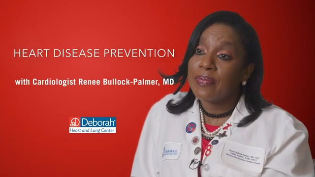 red graphic that reads Heart Disease Prevention with Cardiologist Renee Bullock-Palmer, MD and includes the Deborah logo and a headshot of a black female physician in a lab coat