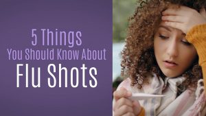 5 things you should know about flu shots. Woman holding her head and thermometer.