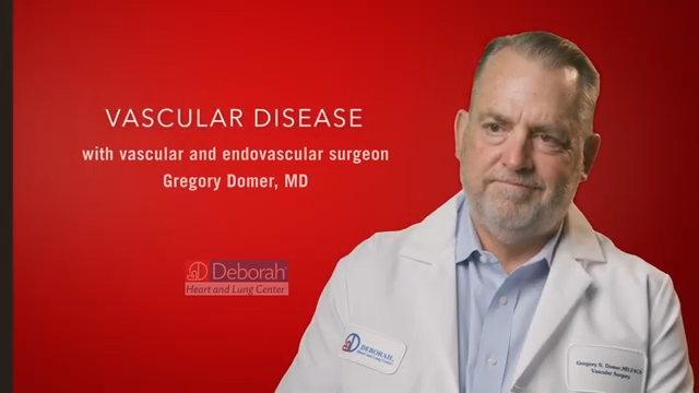 red graphic that reads Vascular Disease with vascular and endovascular surgeon Gregory Domer, MD and includes the Deborah logo and a headshot of a white male physician in a lab coat