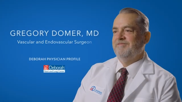 blue graphic that reads Gregory Domer, MD Vascular and Endovascular Surgeon Deborah Physician Profile and also includes the Deborah Heart and Lung Center logo and a headshot of a white male physician in a lab coat