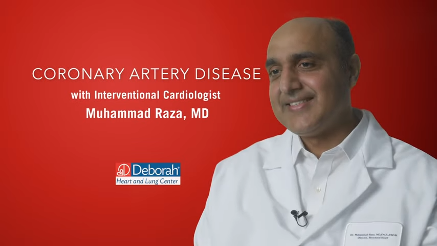 red graphic that reads Coronary Artery Disease with Interventional Cardiologist Muhammad Raza, MD and also includes the Deborah Heart and Lung Center logo and a headshot of a male physician in a white lab coat