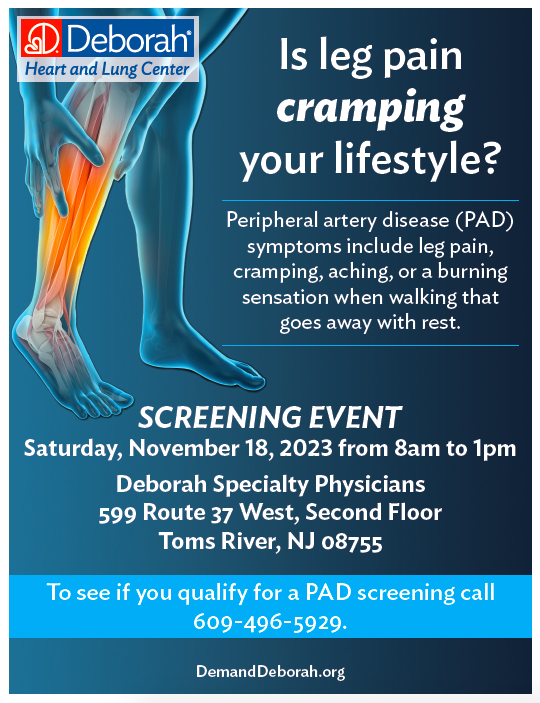 Flyer for PAD event that shows leg radiating with pain and contains event details