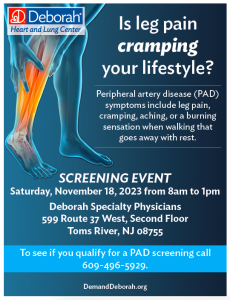Flyer for PAD event shows leg radiating with pain and contains event details