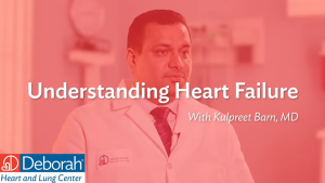 red graphic that reads Understanding Heart Failure with Kulpreet Barn, MD. The graphic is transparent and overlays an image of the physician, a male with dark hear wearing a lab coat and dark neck tie