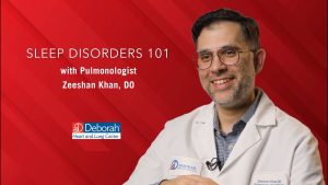 red graphic that says Sleep Disorders 101 with Pulmonologist Zeeshan Khan, DO
