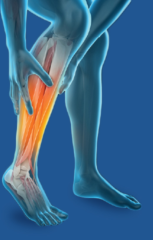 Hand grasping calf muscle